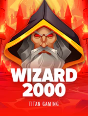 Slot Wizard 2000 con magia, símbolos brillantes y estilo retro futurista.